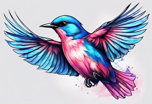 Delicate pink and blue bird in flight tattoo idea