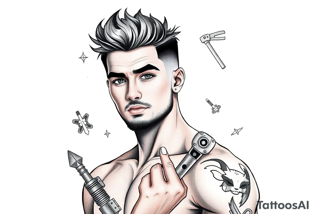 Handsome young adult guy is  occasionally found witch supplies, tools, equipment tattoo idea