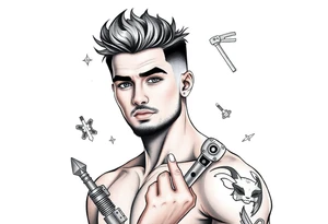 Handsome young adult guy is  occasionally found witch supplies, tools, equipment tattoo idea