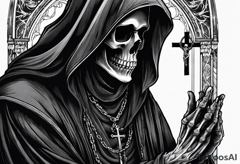 The grim reaper standing from a side profile praying with a rosary wrapped around his hands from a far with skeleton hands show his whole body tattoo idea
