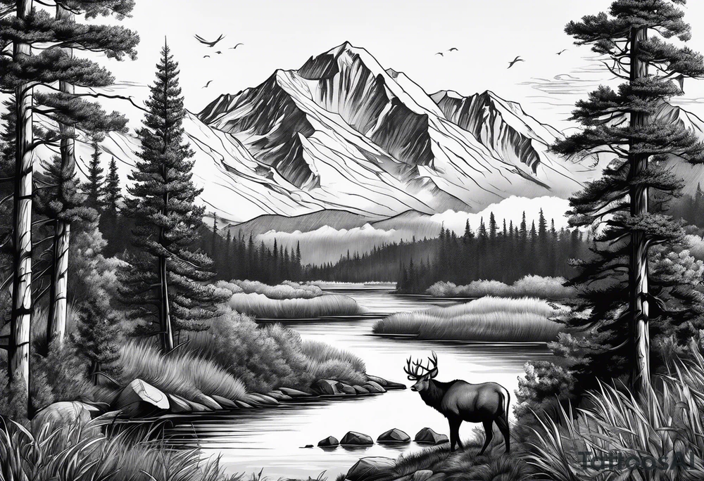 Wildlife, trees, mountains tattoo idea