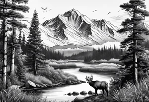 Wildlife, trees, mountains tattoo idea