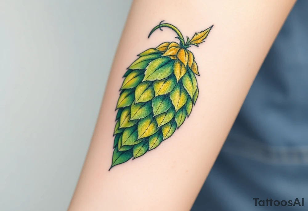 A detailed hop cone with deep green and golden hues, wrapped in barley stalks, symbolizing the essence of brewing tattoo idea