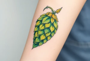 A detailed hop cone with deep green and golden hues, wrapped in barley stalks, symbolizing the essence of brewing tattoo idea