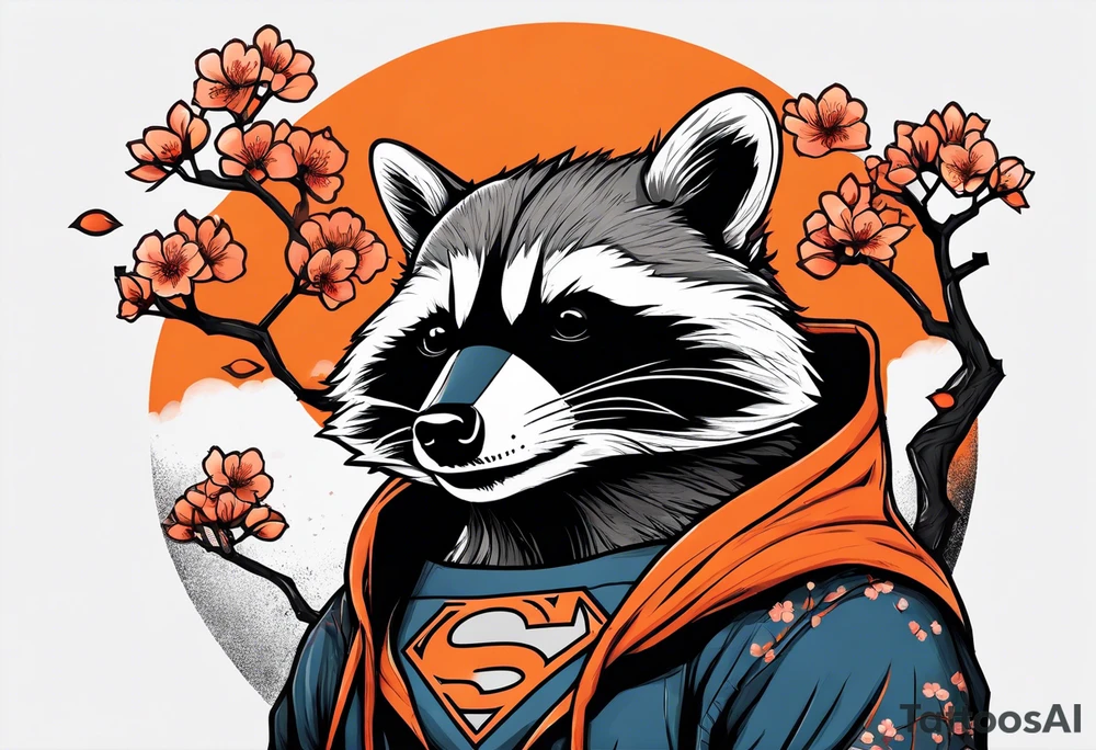 raccoon wearing a black and white Superman hoodie and orange Japanese cherry blossoms tattoo idea