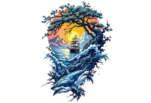 tattoo that has an acacia tree with mountains, ocean with a ship wreck with sharks and the northern star tattoo idea