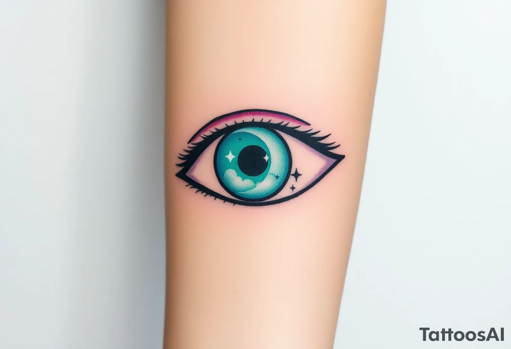 Large outline of an eye shaped like an almond with eye colored greenish blue with long pretty black eyelashes + spade shaped eyeball instead of a round eyeball + a crescent moon stars and clouds inside of the eyeball only + using vivid colors like blue green purple light blue light green light purple tattoo idea