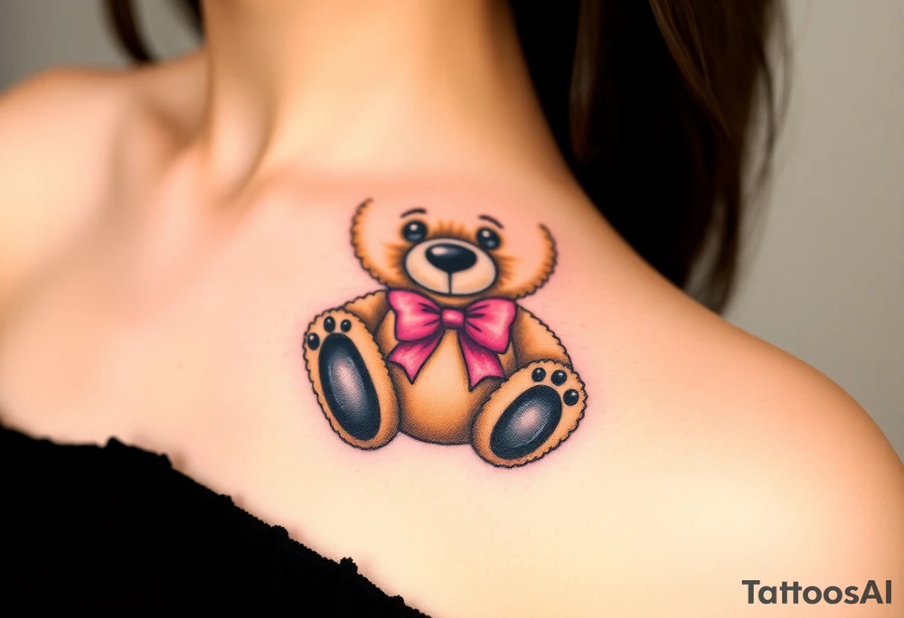 realistic tan teddy bear with black paws and a pink bow around its neck tattoo idea