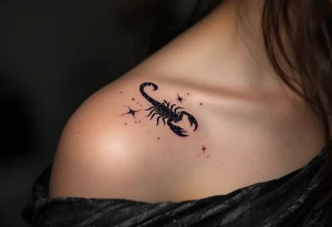 The celestial scorpion creeps across the night in streaks of golden scorpio star constellation lit by Antares’ burning red flame tattoo idea