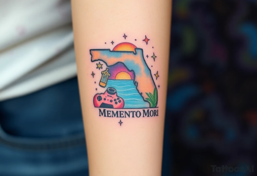 colorful futuristic memory tattoo for passed boyfriend; Florida, gulf coast water, Harley Davidson, skateboarding, puzzle pieces, video games, heaven, god, outdoors, guns, disc golf, words "MEMENTO MORI" tattoo idea