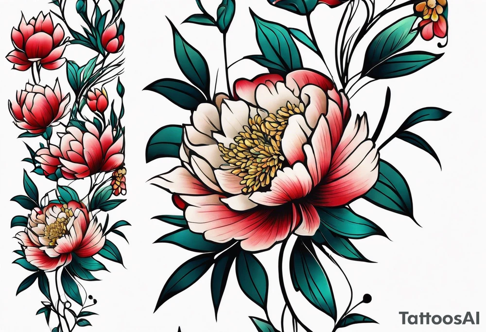 Shoulder and forearm tattoo for woman. Japanese style peony flowers bunch with stems extended to the forearm. Lightly coloured. Thin lines. Add long stems. Not very packed have distance between flowers . Add stems tattoo idea