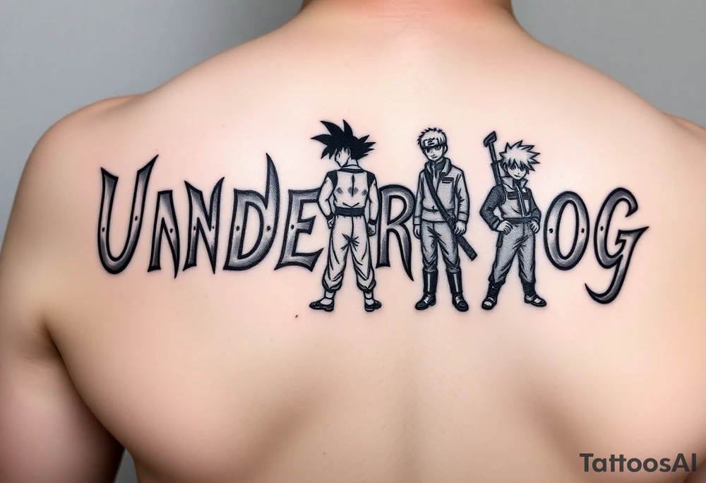 the word underdog in a cool font with 3 anime characters Goku ippo and Naruto one standing in the middle one standing on the right and one standing on the left
 on a shoulder tattoo idea