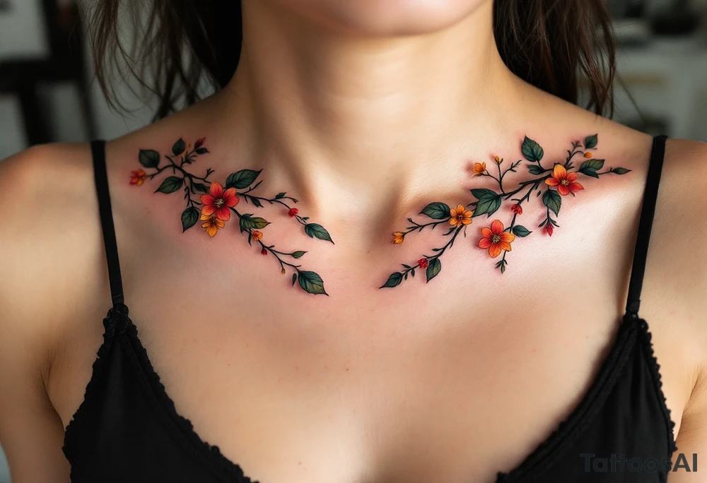 Two separate collarbone tattoos of long, stems and branches covered with red, orange, yellow and dark forest green leaves and flowers, academia, witchy, muted, delicate and gentle but moody, long and thin, following the collarbone. More muted, not so bright, darker colors. Fewer amount of leaves, larger leaves. Less flowers and leaves. tattoo idea