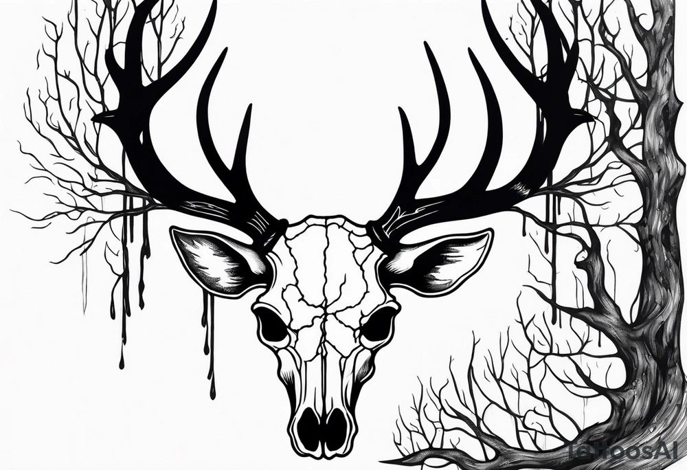 Scary side profile of a DECAYING deer skull JUST BONE surrounded by a flames and trees in background tattoo idea