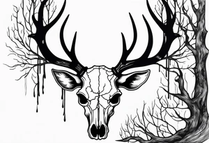 Scary side profile of a DECAYING deer skull JUST BONE surrounded by a flames and trees in background tattoo idea