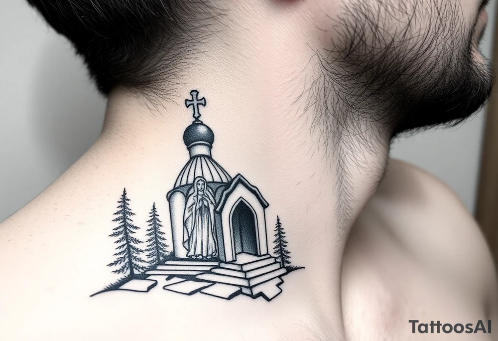 russian design traditional christian orthodox cross with a virgin mary stood beside the entrance of a russian orthodox dome church on the side of the neck in a wilderness setting with the design spread out the side of the neck tattoo idea