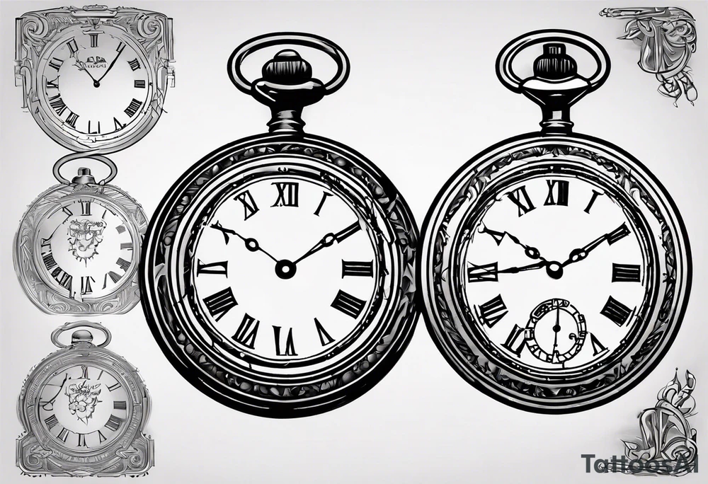 Pocket watch with chain, Roman numerals, date in Roman numerals inside timepiece, classic, elegant, traditional, clean lines tattoo idea