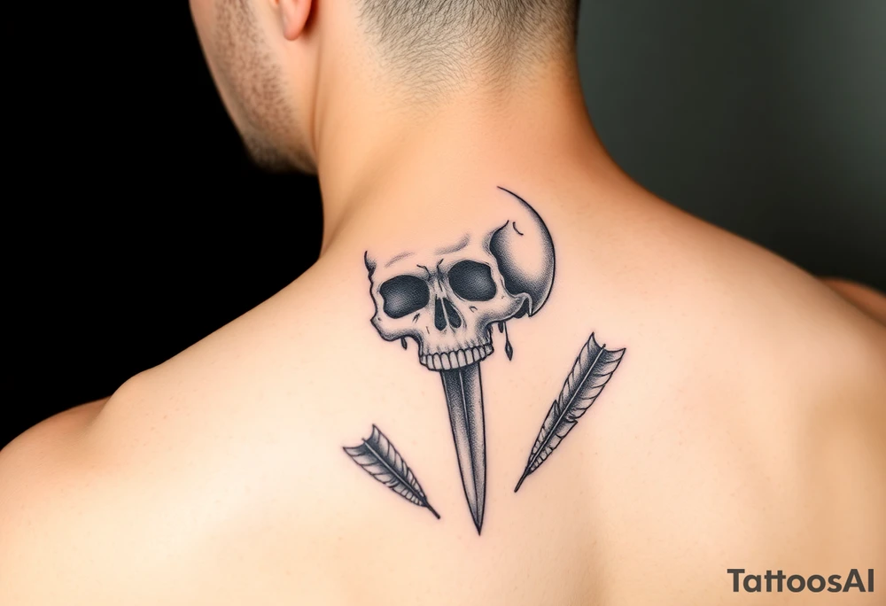 Half sleeve skull design with dagger and feathers tattoo idea