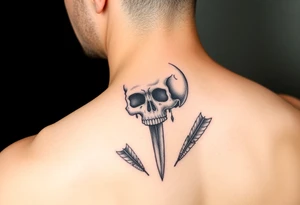 Half sleeve skull design with dagger and feathers tattoo idea