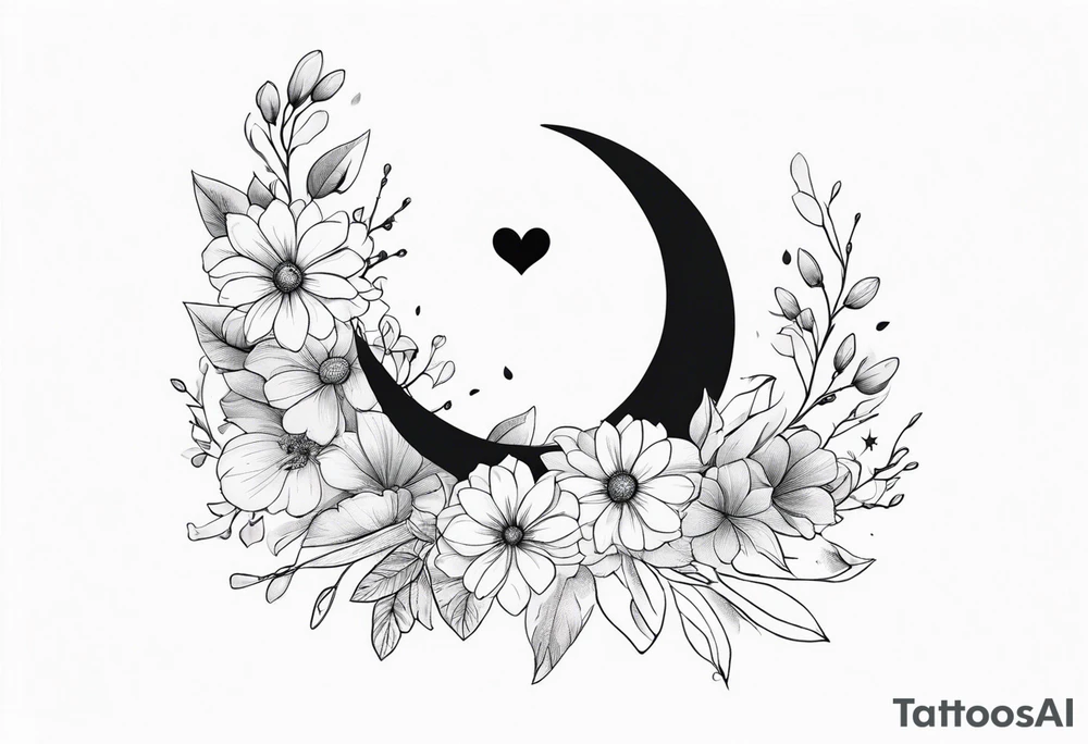 hand tattoo of a Crescent moon with a heart inside, shrouded by beautiful flowers with wisps of mist tattoo idea