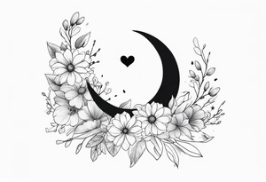 hand tattoo of a Crescent moon with a heart inside, shrouded by beautiful flowers with wisps of mist tattoo idea