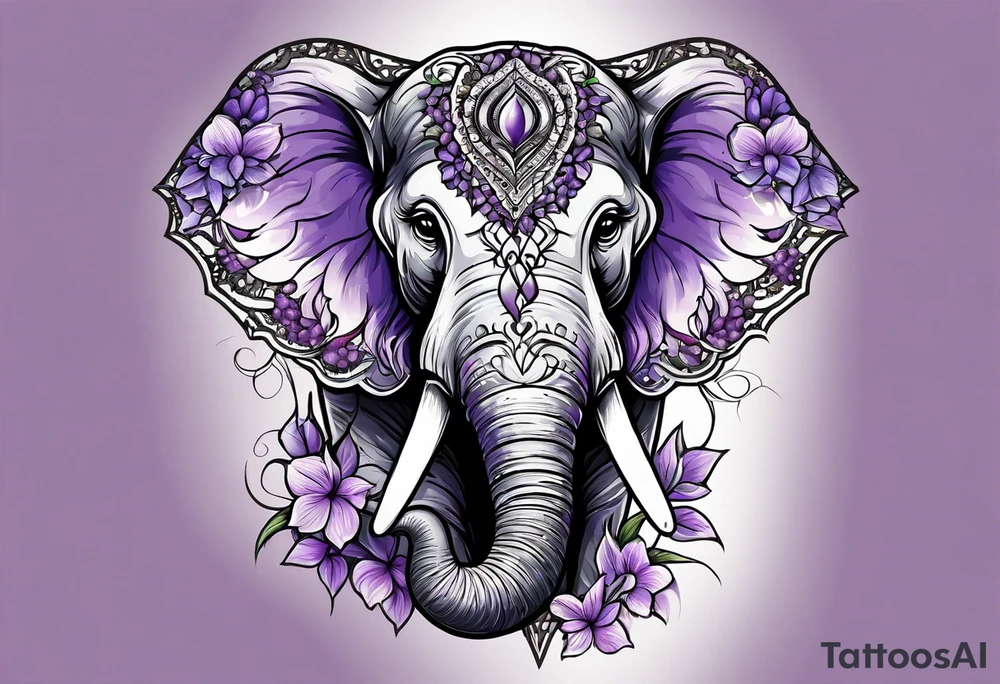 Elephant face half covered with lilacs tattoo idea