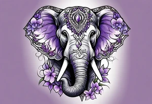 Elephant face half covered with lilacs tattoo idea