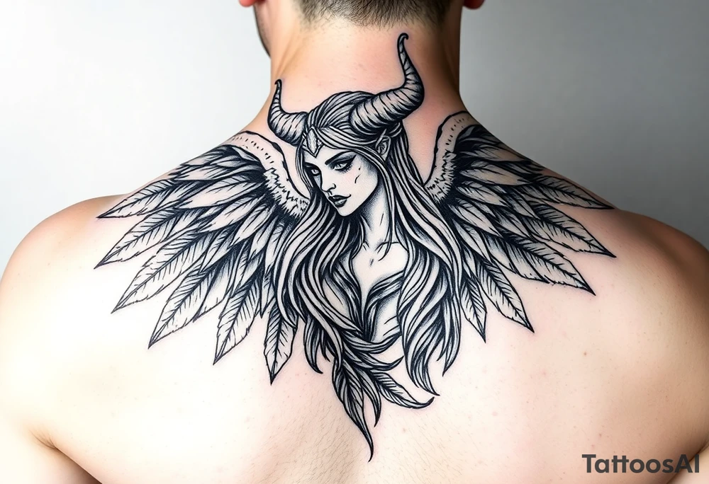 Woman Harpy with horns and lots of feathers tattoo idea