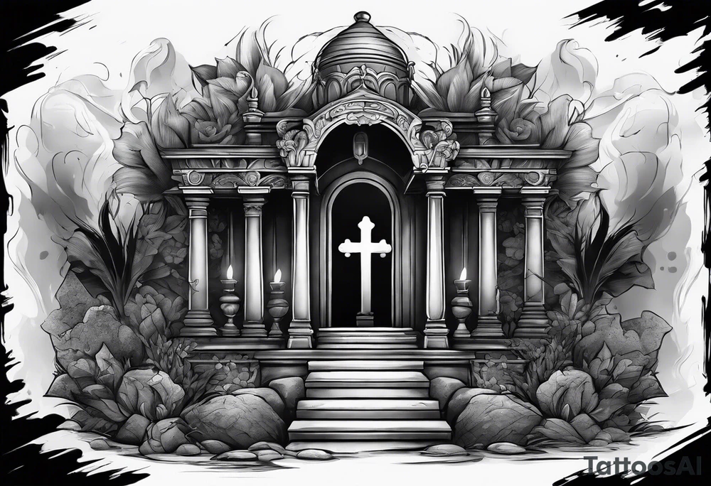 Tomb with smoke and crosses tattoo idea