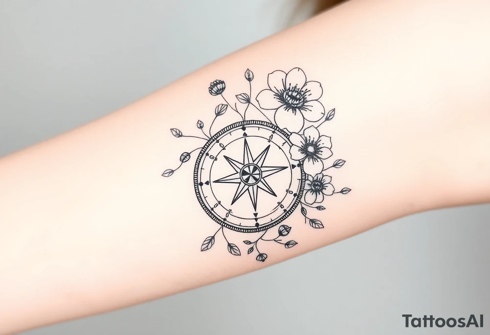 Abstract Compass with large wild flowers flowing above and below the compass tattoo idea