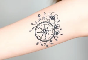 Abstract Compass with large wild flowers flowing above and below the compass tattoo idea