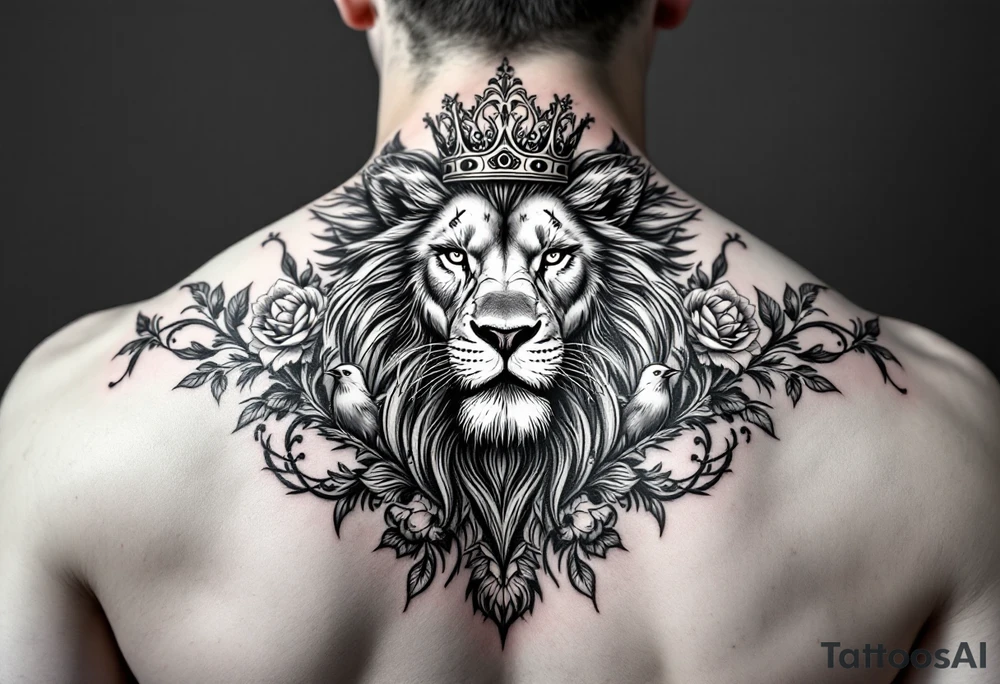 powerful majestic lion with a crown, surrounded by floral ornaments and birds tattoo idea