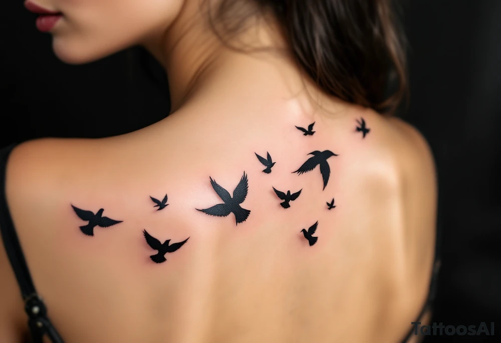 Flock of birds in flight across a fading sky – A dynamic group of birds soaring in various stages of flight, moving from the wrist toward the shoulder (or across the back). The birds start as detailed silhouettes in rich black and gradually become lighter and more abstract, as if dissolving into the wind. tattoo idea
