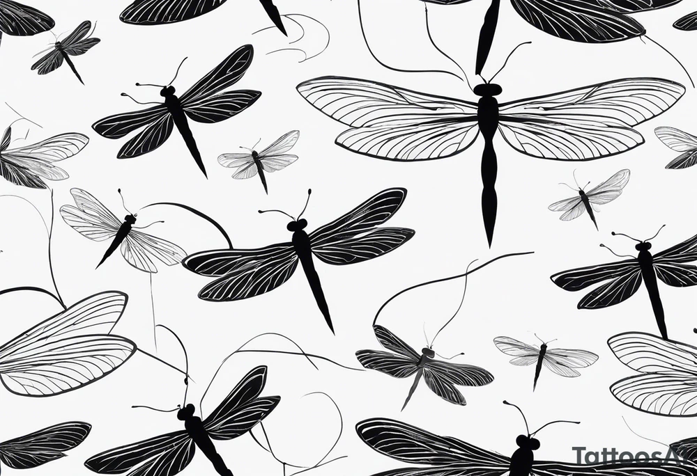 A black-and-white silhouette pattern of dragonflies with delicate wings and leaves. The dragonflies are depicted in sharp, elegant lines, their wings outlined in bold black, while their bodies are slender and precise. The leaves surrounding them are simplified into flowing, abstract shapes, outlined in solid black, with no shading or gradient. The background is minimalistic, with soft, cloud-like shapes in white, adding texture to the design. The entire pattern is a strong contrast between solid black silhouettes of dragonflies and leaves against a white backdrop, capturing movement and nature in a high-contrast, stylized form. tattoo idea