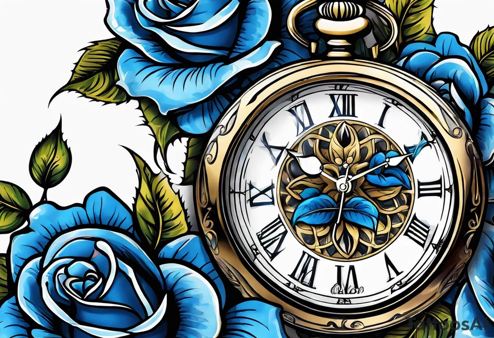 Pocket watch with blue roses tattoo idea