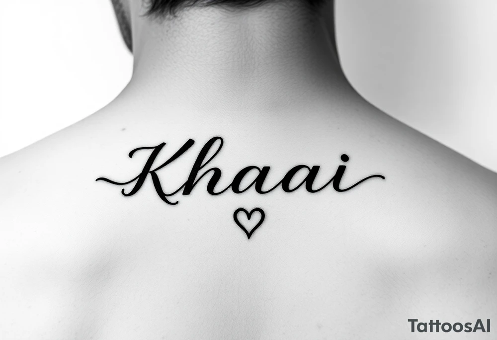 The name Khaài in a slim but bold cursive font w a small heart at the end of the name tattoo idea