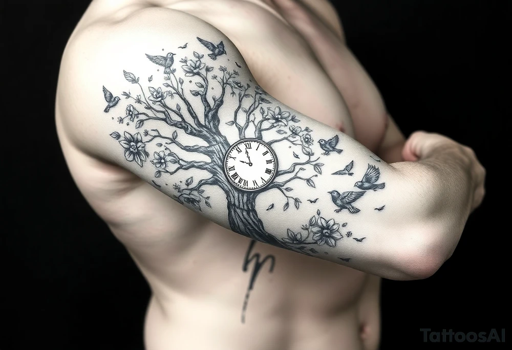 tree of life with clock, surrounded by floral ornaments and birds tattoo idea