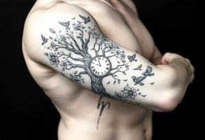 tree of life with clock, surrounded by floral ornaments and birds tattoo idea