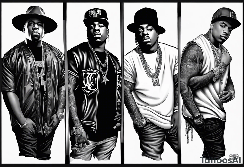 To design a leg sleeve tattoo featuring famous rappers Biggie Smalls, Tupac, Eminem, Dr. Dre, Eazy-E, Ice Cube, along with the LA sign and California Compton theme in black and white shading, follow these steps: tattoo idea