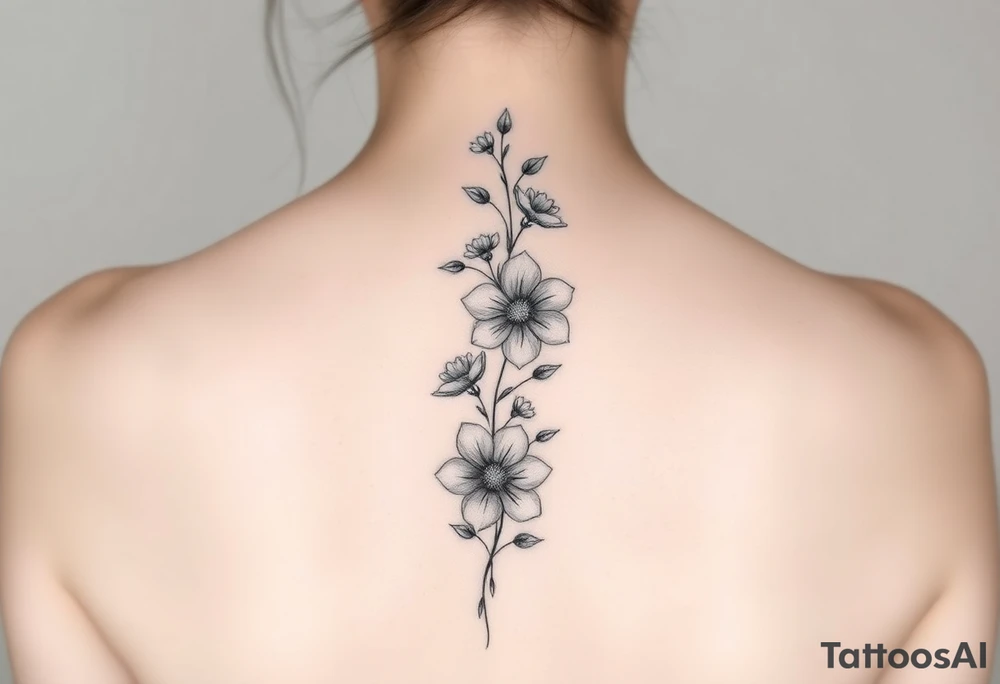 Delicate flowers vertically down the spine tattoo idea