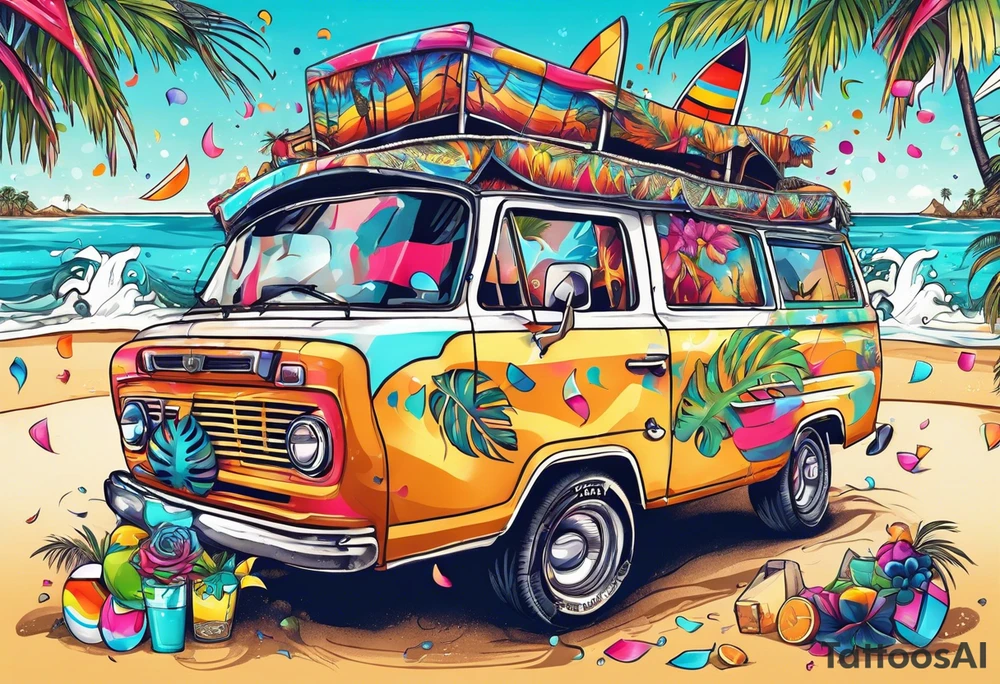 SURFING SAFARI BEACH DANCE 
PARTY WITH CONFETTI AND MUSIC NOTES, TROPICAL DRINKS, SEXY BIKINIS tattoo idea