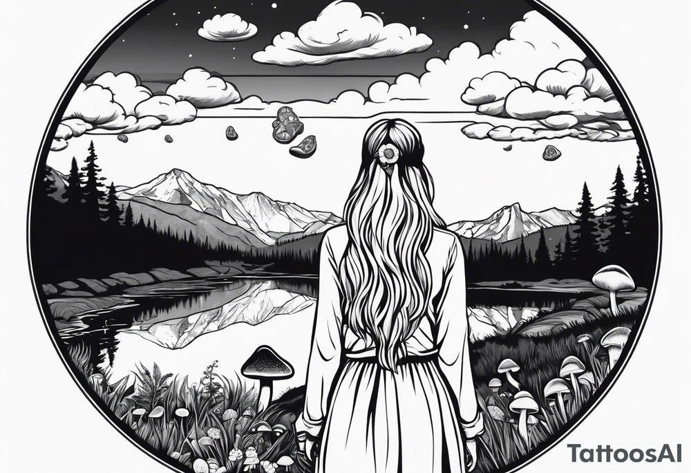 Whole picture encircled fully

Straight long blonde hair hippie girl in distance holding mushrooms in hand facing away toward mountains and creek surrounded by mushrooms long sleeve shirt and hiking pants; whole rendering within a full circle, no cut off circle tattoo idea