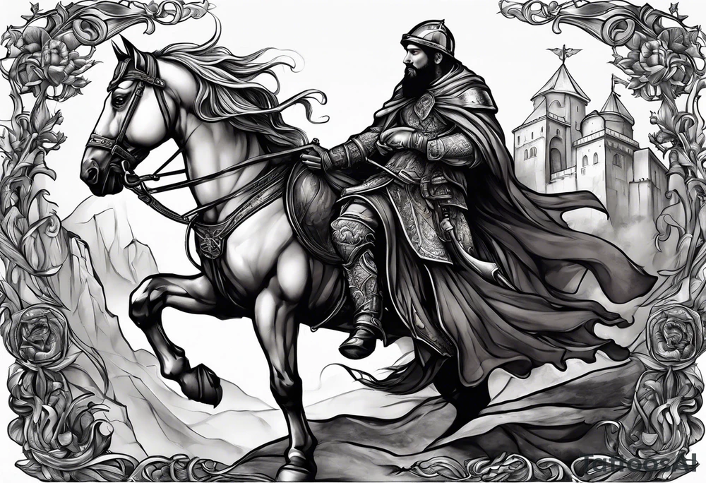a beggar with a knight standing behind him for protection tattoo idea