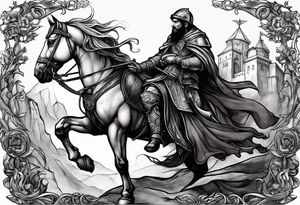 a beggar with a knight standing behind him for protection tattoo idea