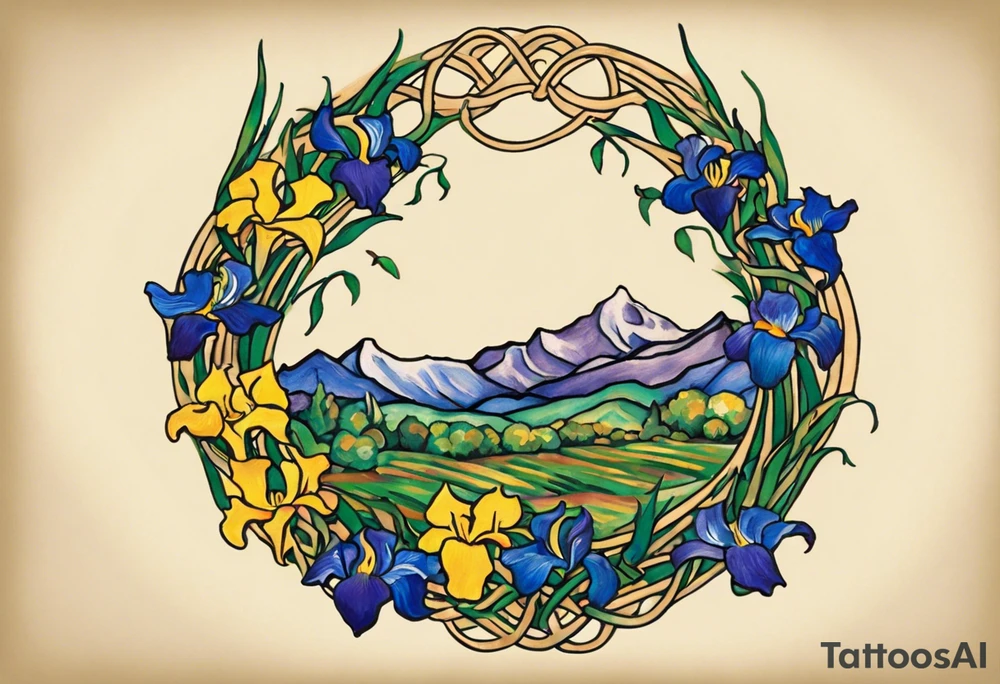 Create a small colorful Vincent van Gogh Irises tattoo in the form of a crescent, with vines or Celtic knots gracefully intertwining at a central point in the middle of the wreath.  In the middle of the wreath are mountains and other items found in New Mexico. Ensure that the design avoids the appearance of a bush and maintains a more structured and deliberate arrangement. The intended placement is on the upper chest. The overall design should be small in size while maintaining a delicate and artistic aesthetic. Pay attention to the graceful flow of the vines and the placement of the irises to achieve a refined and elegant look. tattoo idea