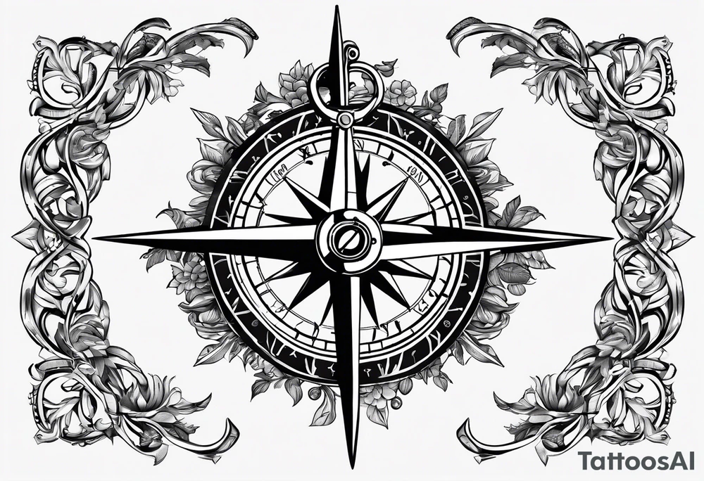 A selucid style anchor in front of a compass with north south east west marked on it and a narrow laurel wreathe wrapped around the compass tattoo idea