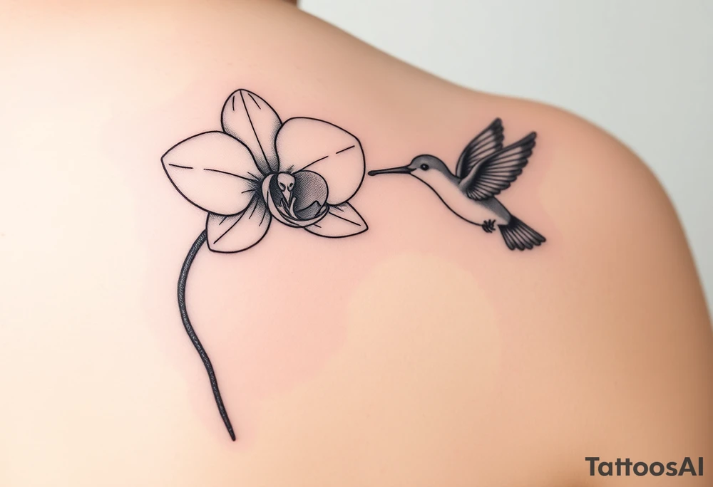 A delicate, black and white fine-line tattoo for make, featuring a gracefully detailed orchid in full bloom (stem and at least 2 flowers), with soft, intricate petals and elegant curves. Beside it, a hummingbird hovers mid-flight, its wings drawn with subtle motion lines, its slender beak reaching toward the orchid’s center to drink its nectar. The design captures a sense of balance and harmony, with the contrast between the stillness of the flower and the gentle energy of the bird. Perfectly suited for the upper arm, this piece combines nature’s beauty and movement in a timeless, minimalist style tattoo idea