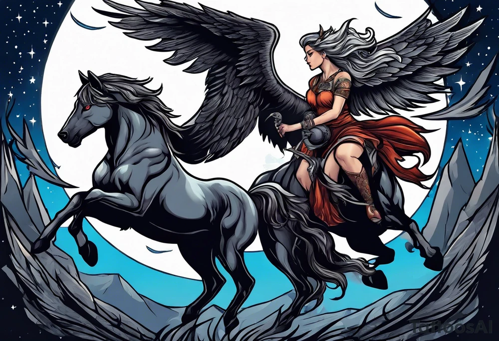 Female werewolf and Pegasus fighting in the night tattoo idea