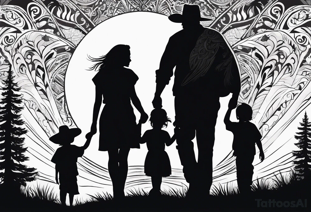 A shadow of a family of four walking through the Pacific northwest landscape. Father, Wife, Son, daughter.
 Faith centered and add Mexican culture .  Add border with importance of faith tattoo idea