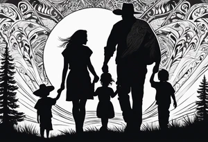 A shadow of a family of four walking through the Pacific northwest landscape. Father, Wife, Son, daughter.
 Faith centered and add Mexican culture .  Add border with importance of faith tattoo idea